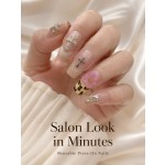 Retro Leopard Cross Charm Press‑On Nails, Nude Medium‑Long T‑Shape False Nails with 3D Pink Flower & Star AB Rhinestones